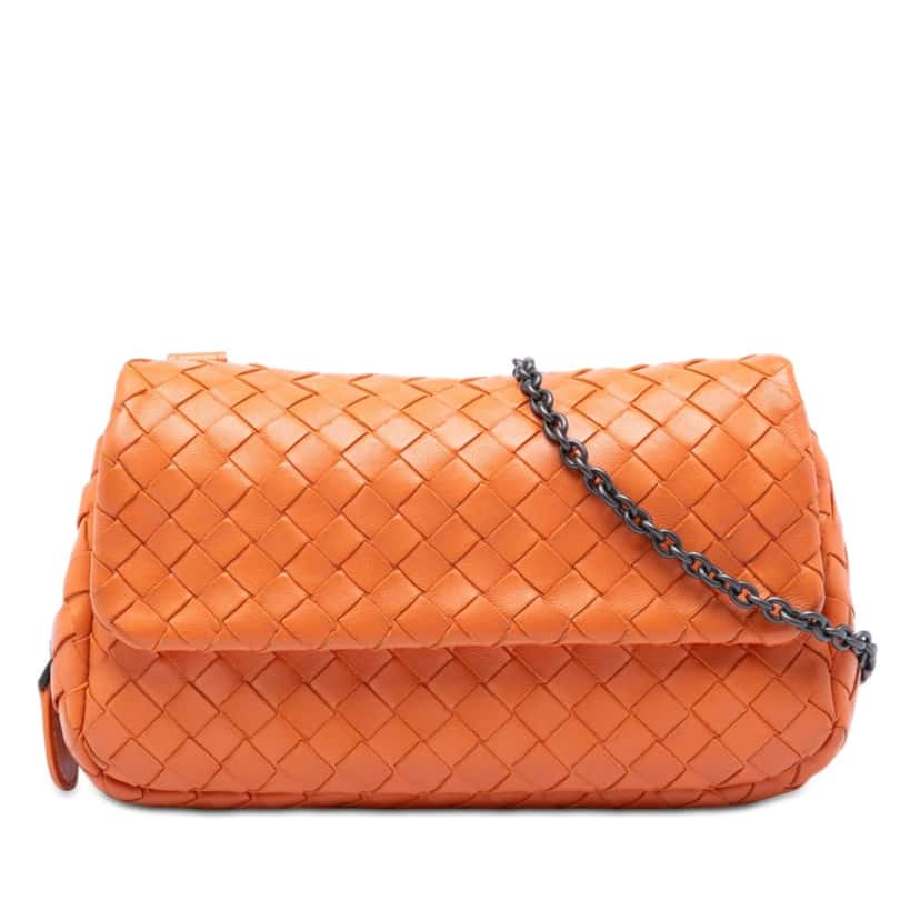 Bottega Veneta Mini Nappa Intrecciato Expandable Chain Flap Crossbody Orange Leather Very good condition - Front View