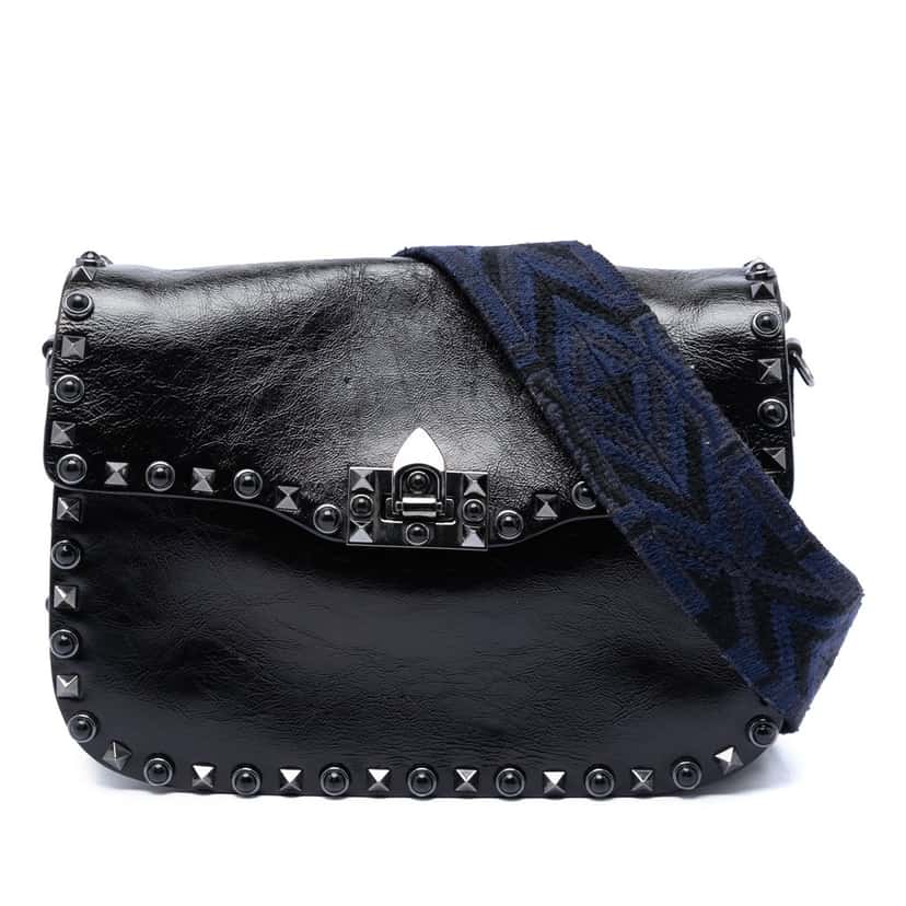Valentino Medium Craquele Calfskin Guitar Strap Rockstud Rolling Flap Crossbody Black Leather Very good condition - Front View