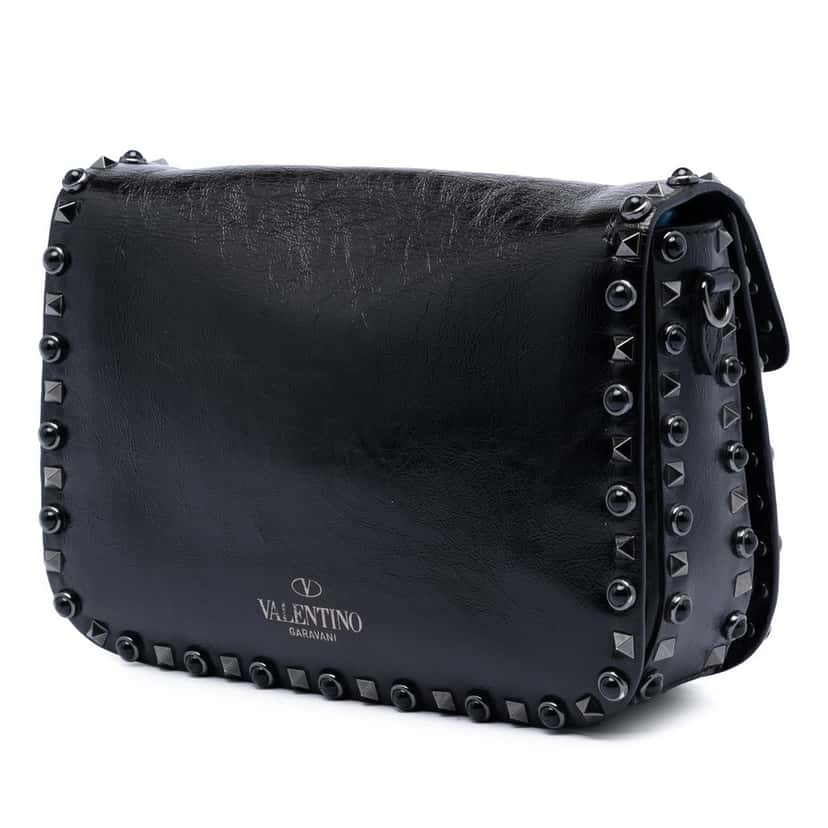 Valentino Medium Craquele Calfskin Guitar Strap Rockstud Rolling Flap Crossbody Black Leather Very good condition - Back View