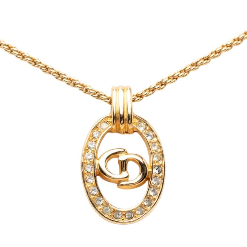 Dior Gold Plated Strass CD Logo Oval Pendant Necklace Gold Metal Very good condition - Front View