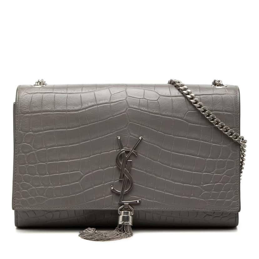 Saint Laurent Medium Croc Embossed Leather Monogram Kate Tassel Crossbody