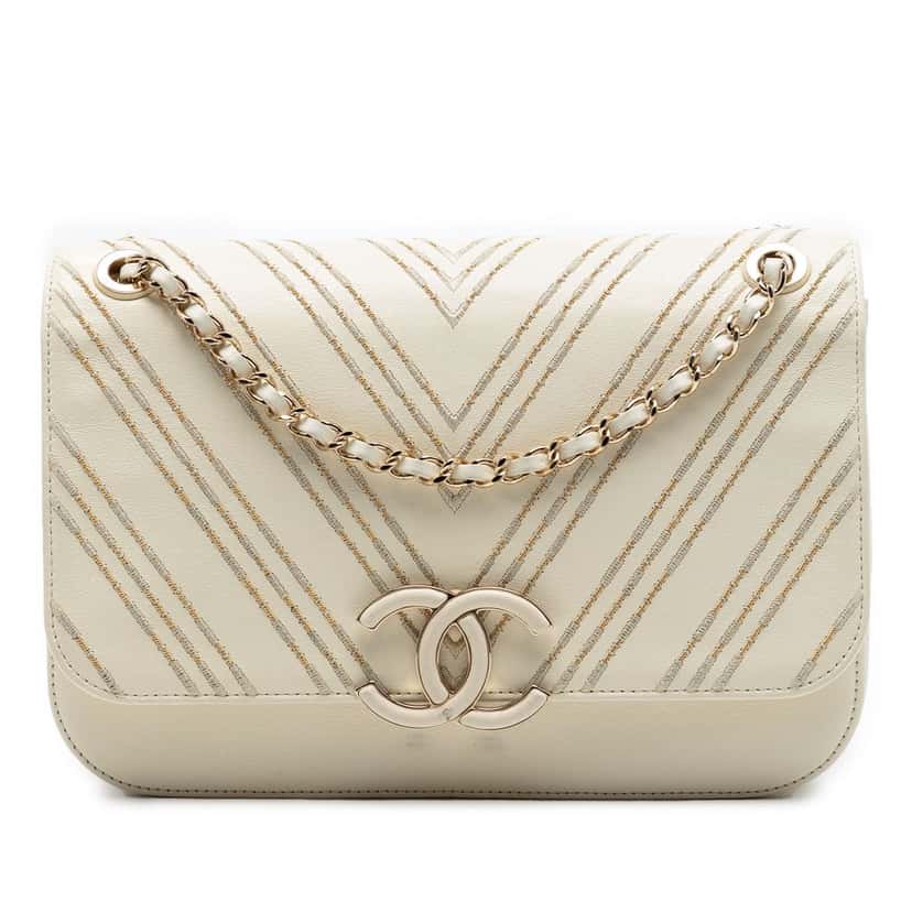 Chanel Large Chevron Sheepskin Subtle Flap White Leather Very good condition - Front View