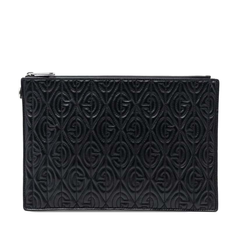 Gucci Quilted Leather G Rhombus Zip Clutch Black Leather Very good condition - Front View