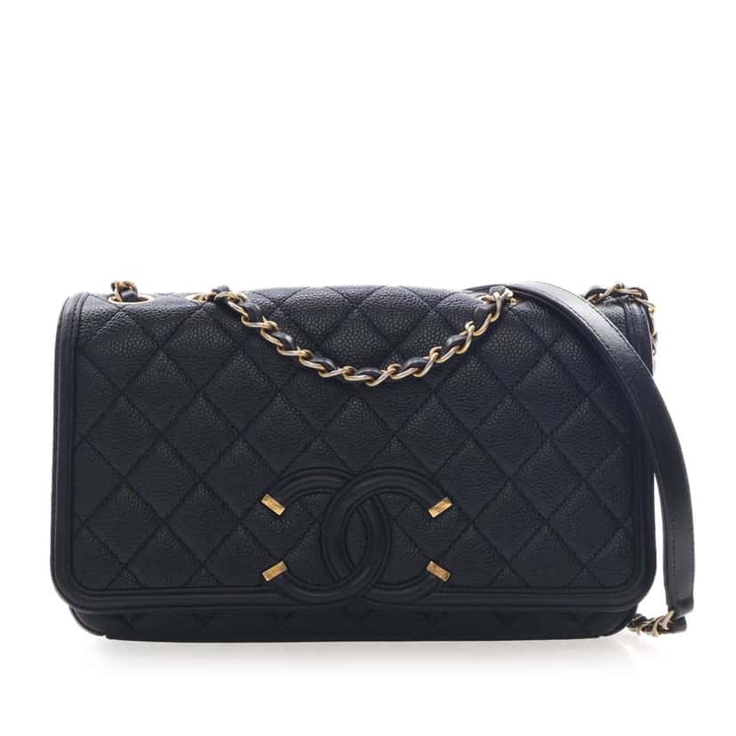 Chanel Medium Quilted Caviar CC Filigree Flap Black Leather Very good condition - Front View