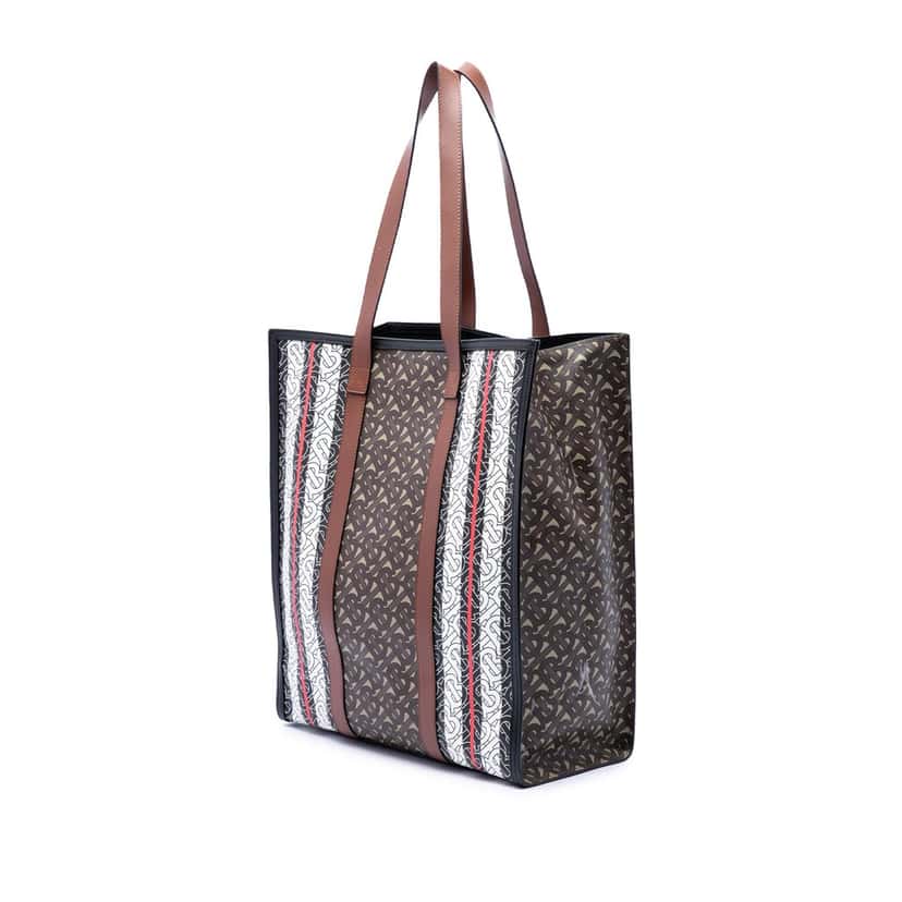 Burberry TB Monogram E-Canvas Stripe Vertical Tote Brown Very good condition - Back View