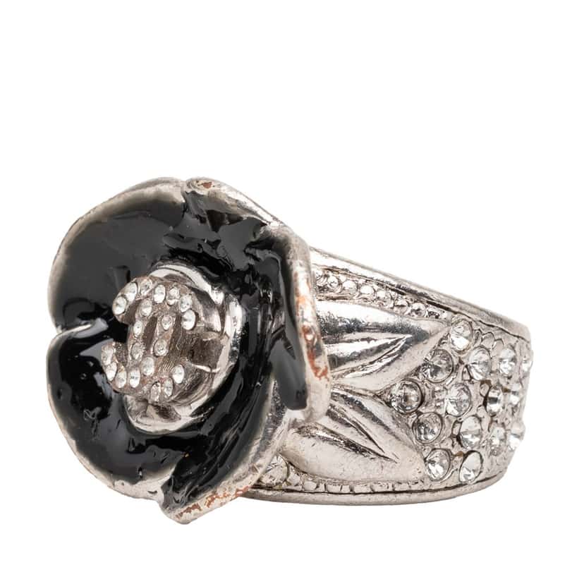 Chanel CC Brass and Strass Enamel Camellia Ring Black Metal Very good condition - Back View
