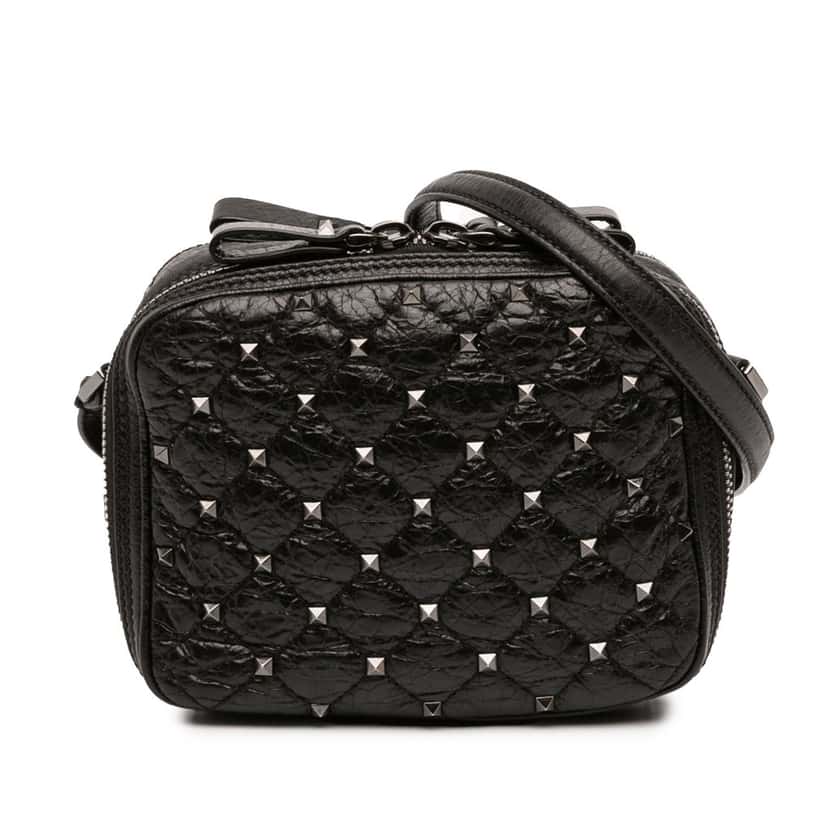 Valentino Quilted Crinkled Leather Rockstud Double Zip Camera Bag Black Leather Very good condition - Front View