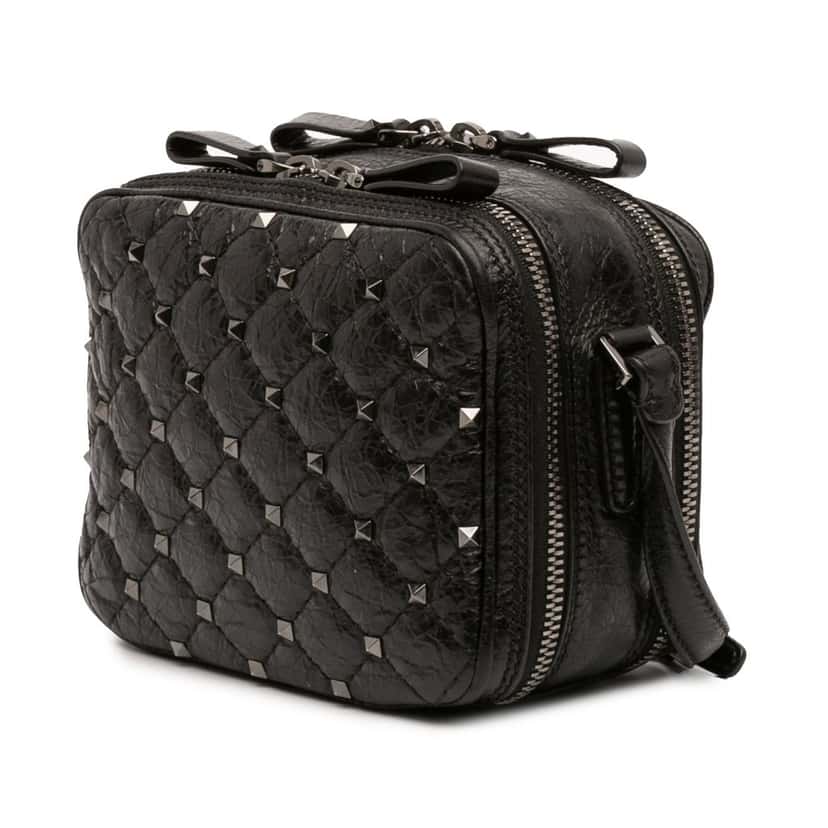 Valentino Quilted Crinkled Leather Rockstud Double Zip Camera Bag Black Leather Very good condition - Back View
