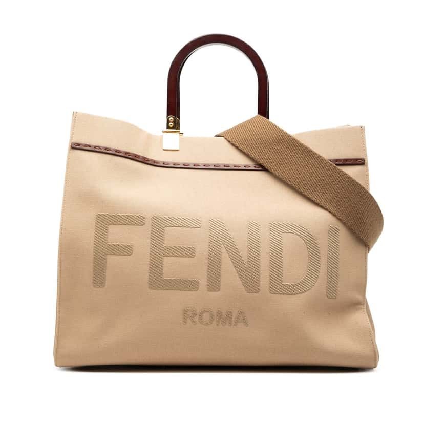 Fendi Medium Canvas Sunshine Shopper Tote Brown Very good condition - Front View
