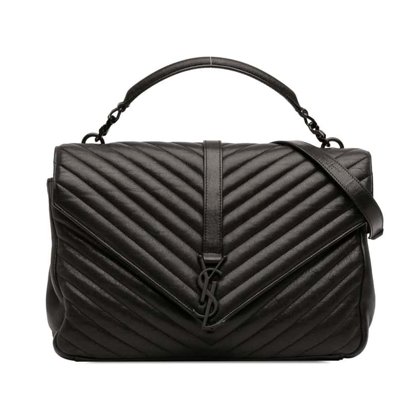 Saint Laurent Large Sheepskin Chevron Monogram Monochrome College Bag Black Leather Very good condition - Front View