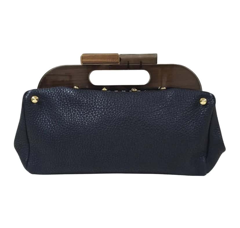 Fendi Fendi Black Leather Walnut Wood Handle Clutch Bag Pre-Owned Black Leather Good condition - Front View