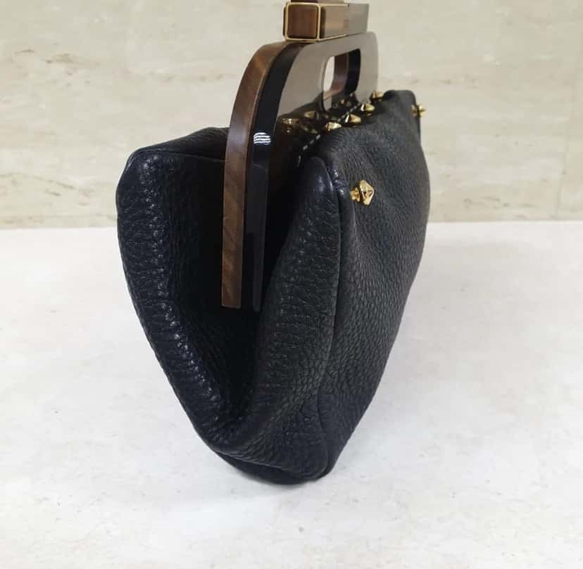 Fendi Fendi Black Leather Walnut Wood Handle Clutch Bag Pre-Owned Black Leather Good condition - Back View