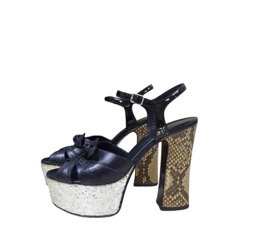 Yves Saint Laurent Saint Laurent Black Leather Python Heeled Platform Sandals Sz.36 Pre-Owned Black Leather Good condition - Front View