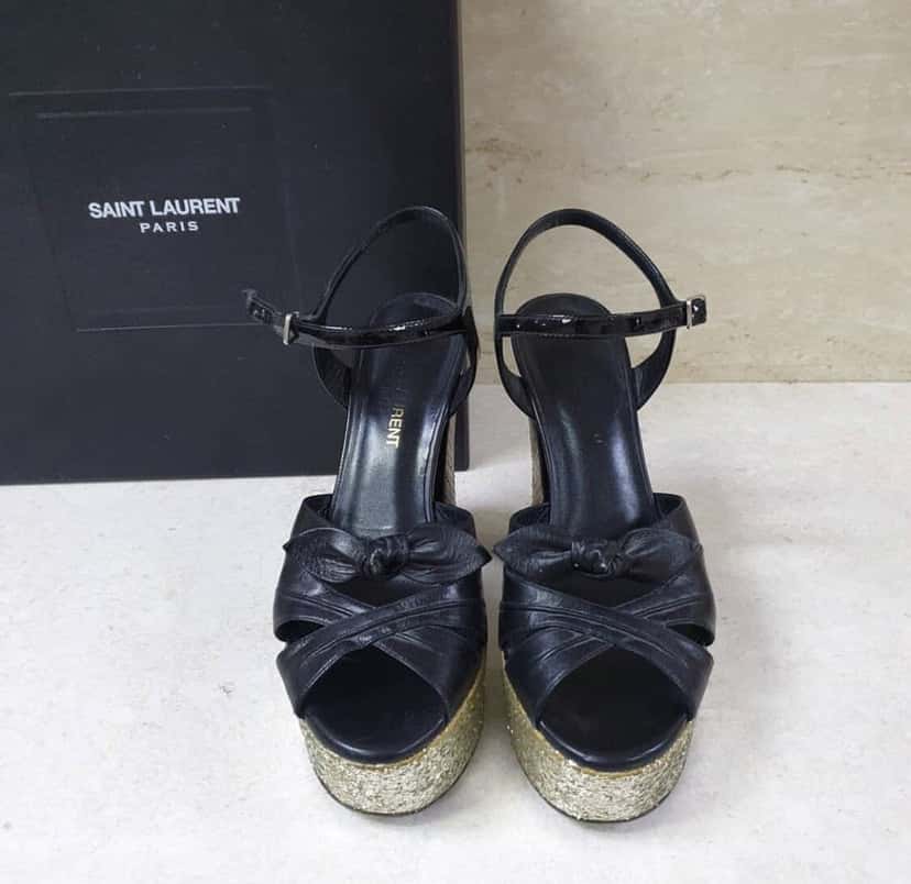 Yves Saint Laurent Saint Laurent Black Leather Python Heeled Platform Sandals Sz.36 Pre-Owned Black Leather Good condition - Back View