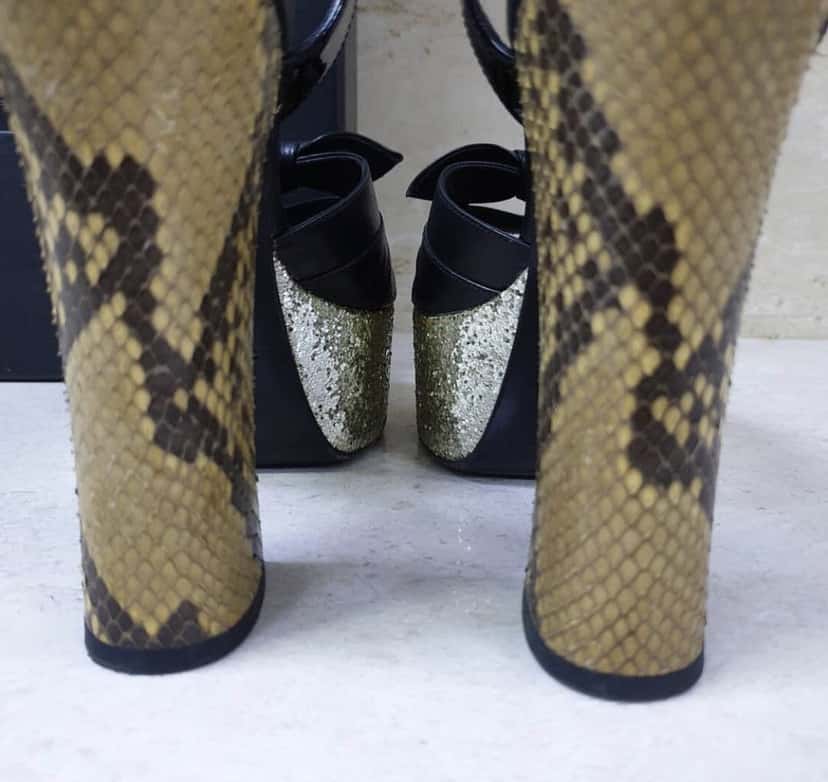 Yves Saint Laurent Saint Laurent Black Leather Python Heeled Platform Sandals Sz.36 Pre-Owned Black Leather Good condition - Box View