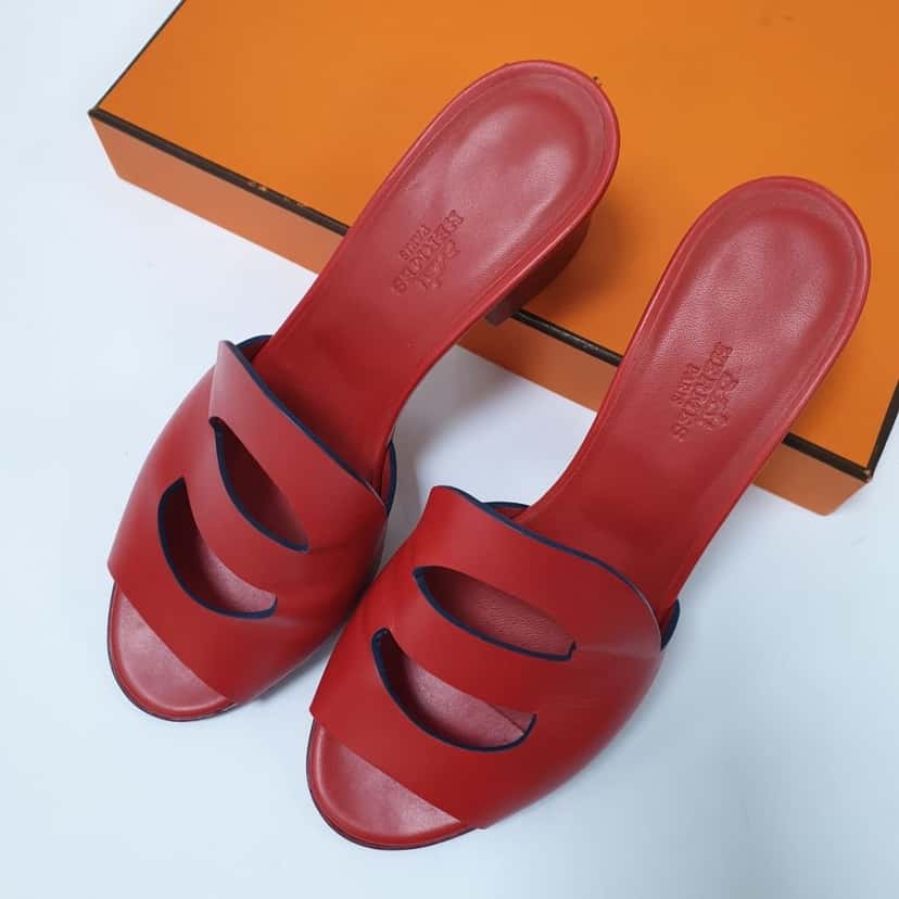 Hermès Hermes Red Leather Mona Block Heel Slide Sandals Sz.38 pre-owned Red Leather Good condition - Back View