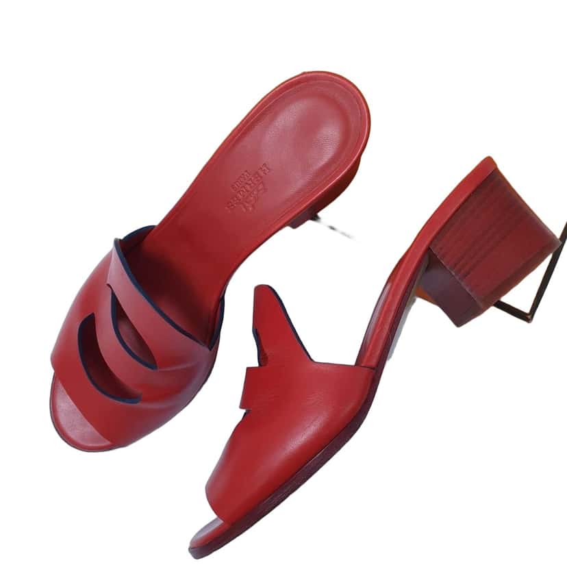 Hermès Hermes Red Leather Mona Block Heel Slide Sandals Sz.38 pre-owned Red Leather Good condition - Front View