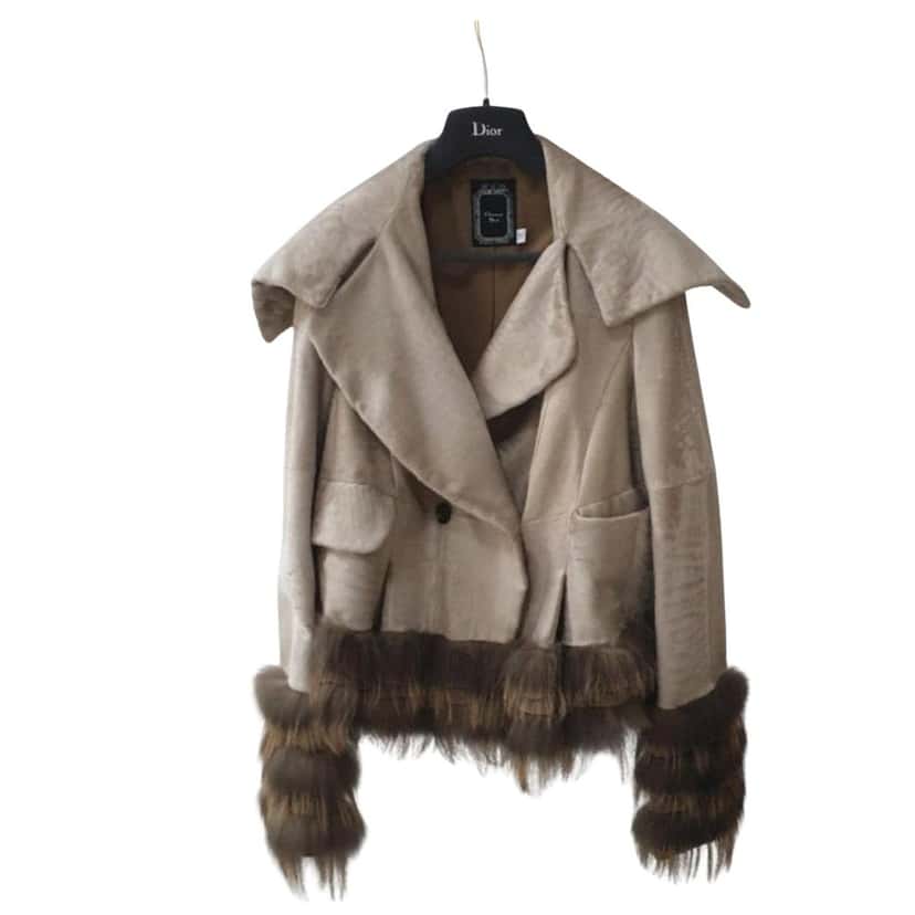 Christian Dior Christian Dior Beige Leather Faux Fox Trimmed Jacket Sz.36 Pre-owned Beige Leather Good condition - Front View