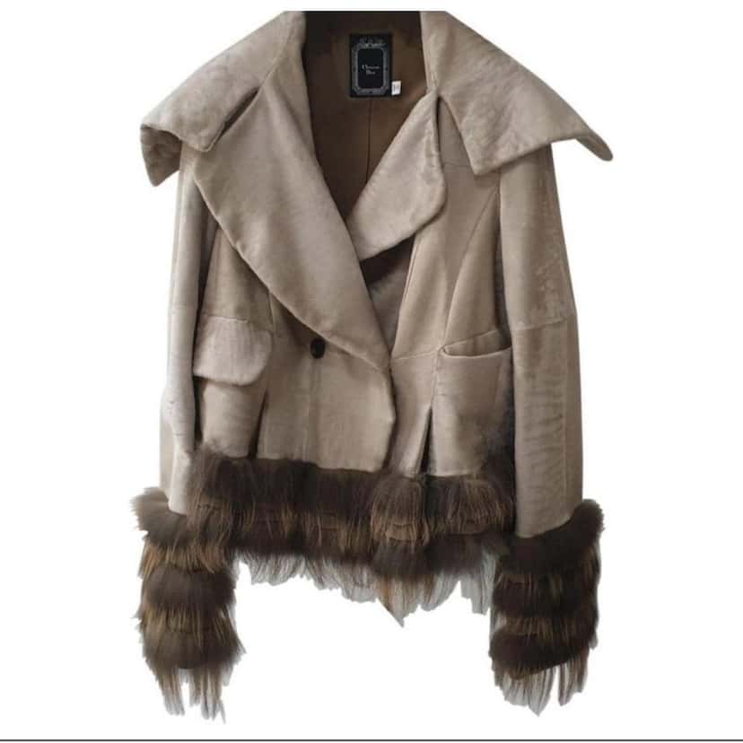 Christian Dior Christian Dior Beige Leather Faux Fox Trimmed Jacket Sz.36 Pre-owned Beige Leather Good condition - Back View