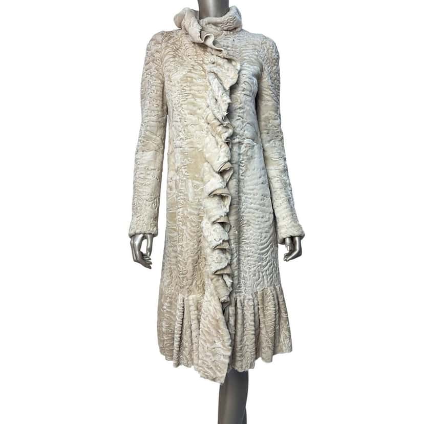 Giambattista Valli Giambattista Valli Karakul Fur Ruffle Trim Coat Sz.38 Pre-owned Beige Good condition - Back View