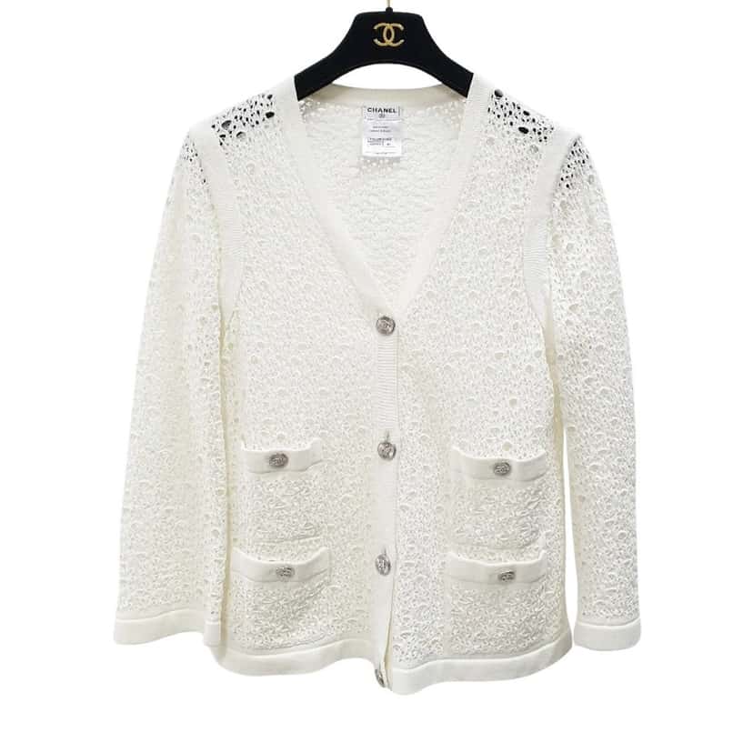 Chanel Chanel White Crochet Cotton Cardigan Button-Up Sz. 44 Pre-owned White Cotton Good condition - Front View