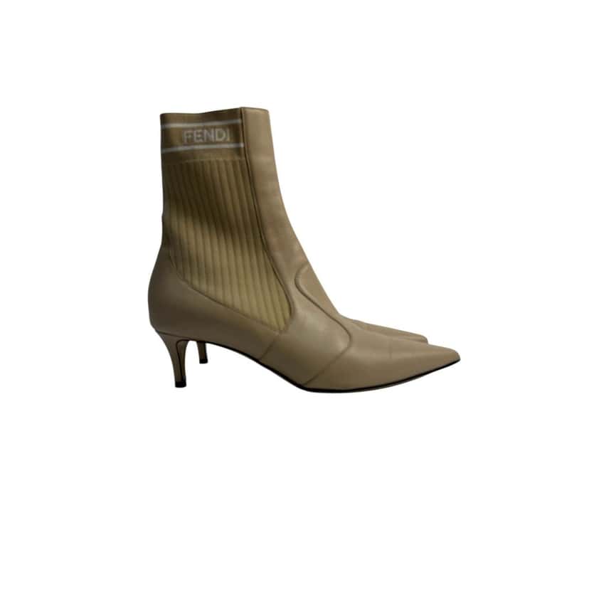 Fendi Fendi beige ankle boots with stretch-knit panel Sz.38 Pre-owned Beige Leather Good condition - Back View