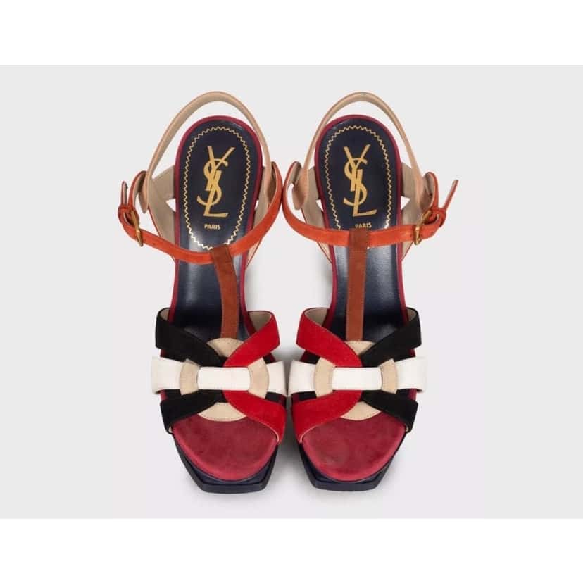 Saint Laurent Saint Laurent Two-Tone Suede Sandals - Size 38 pre-owned Red Suede Good condition - Back View