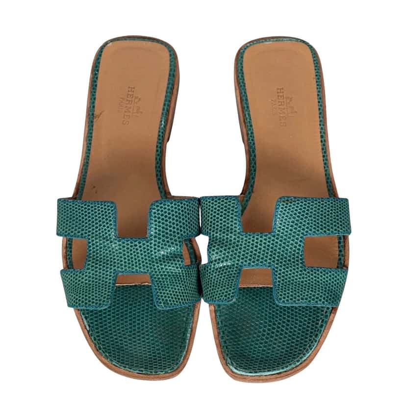 Hermès Hermès Oran Green Lizard Prinr Lambskin Leather Sandals - Size 37 Pre-owned Green Leather Good condition - Front View