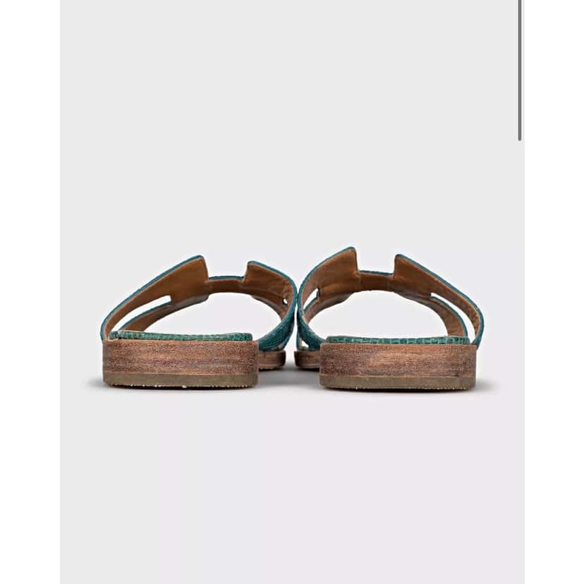 Hermès Hermès Oran Green Lizard Prinr Lambskin Leather Sandals - Size 37 Pre-owned Green Leather Good condition - Model View