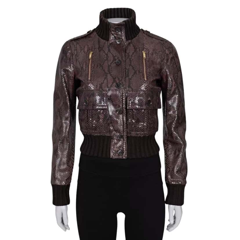 Gucci Gucci Python Print Lambskin Leather Jacket - IT 38 / XS pre-owned Brown Leather Good condition - Front View