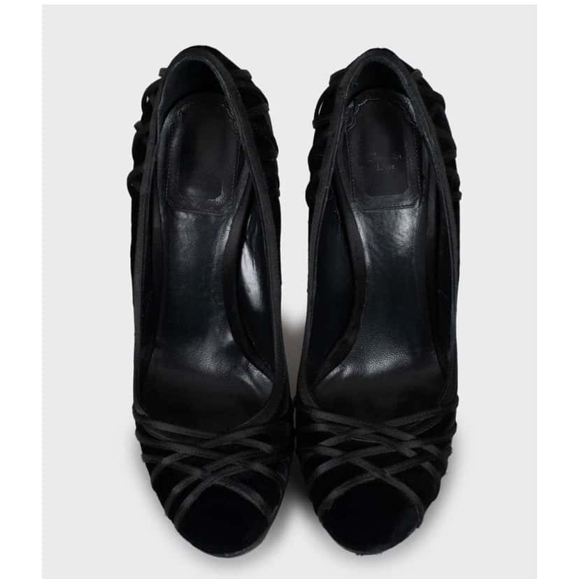 Christian Dior Christian Dior Woven Textile Wedge Heels, Size 38 Pre-owned Black Leather Good condition - Back View