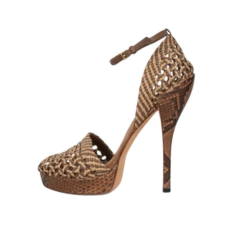 Gucci Gucci Brown Woven lambskin Leather High Heel Sandals - Size 38 Pre-owned Brown Leather Good condition - Front View