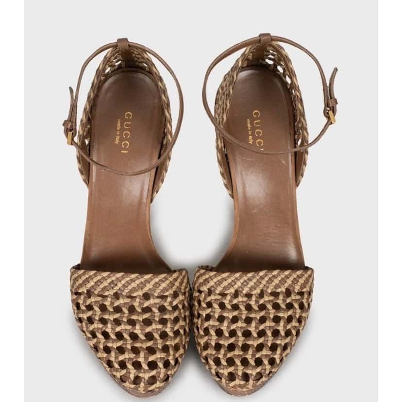 Gucci Gucci Brown Woven lambskin Leather High Heel Sandals - Size 38 Pre-owned Brown Leather Good condition - Back View