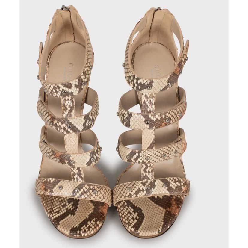Gucci NWOB Gucci Brown Snakeskin print lambskin Leather High Heel Sandals - Size 39.5 pre-owned Brown Leather Never worn - Back View