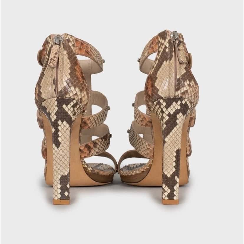 Gucci NWOB Gucci Brown Snakeskin print lambskin Leather High Heel Sandals - Size 39.5 pre-owned Brown Leather Never worn - Model View