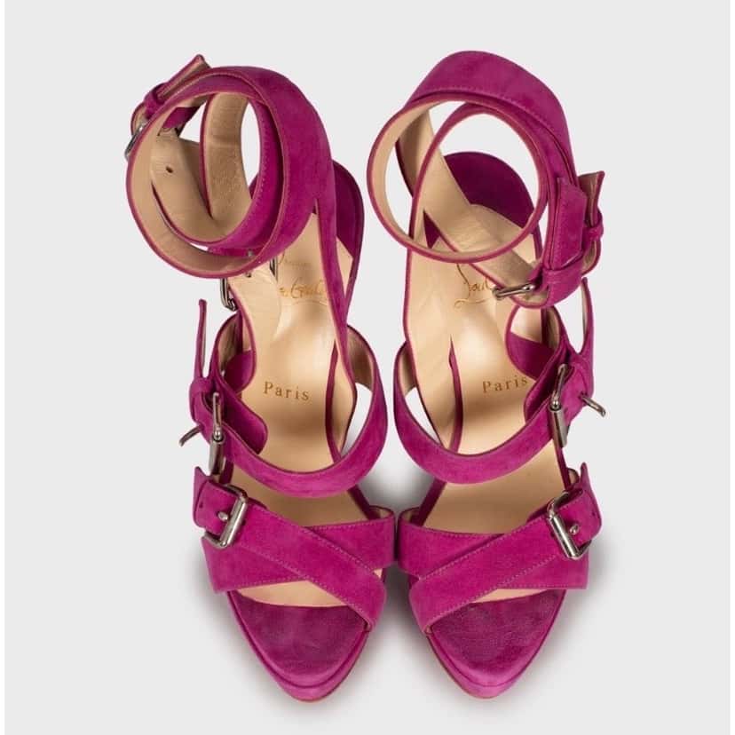 Christian Louboutin Christian Louboutin Pink Suede Open-Toe Sandals 37.5 Pre-owned Pink Suede Good condition - Back View