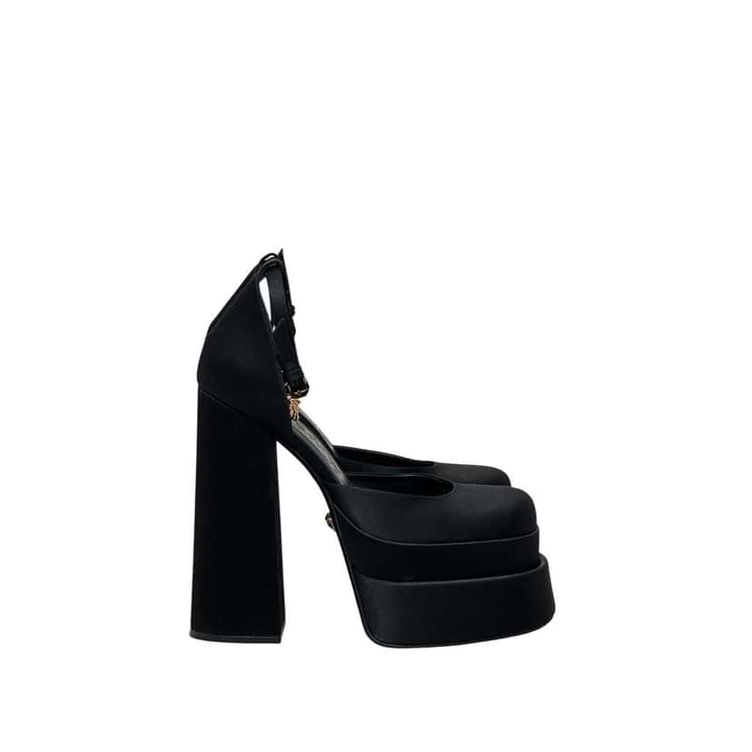 Versace Versace La Medusa Crystal Satin Block Heel Pumps Sz 38 pre-owned Black Satin Good condition - Back View