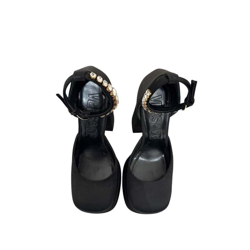 Versace Versace La Medusa Crystal Satin Block Heel Pumps Sz 38 pre-owned Black Satin Good condition - Box View