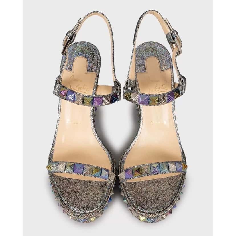 Christian Louboutin Christian Louboutin Pyraclou 110 Leather Open-Toe Sandals Sz.39 Pre-owned Silver Leather Good condition - Back View