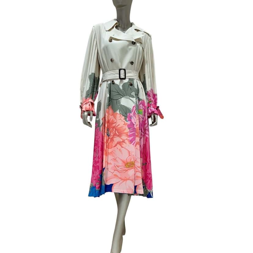 valentino Valentino Camellia Silk Pleated Avorio & Fuchsia Trench Coat Sz.42 pre-owned Camel Silk Good condition - Front View