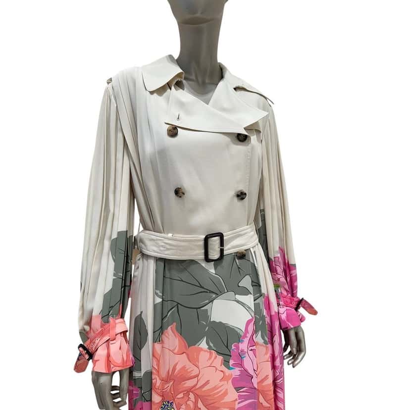 valentino Valentino Camellia Silk Pleated Avorio & Fuchsia Trench Coat Sz.42 pre-owned Camel Silk Good condition - Back View