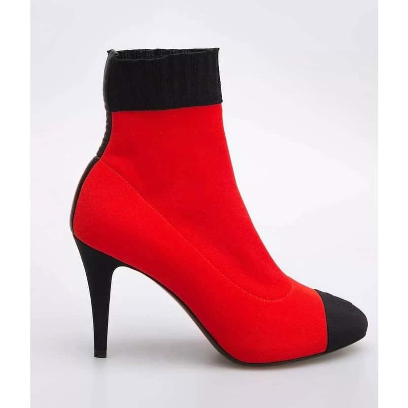 Chanel NWOB Chanel 2019 Red & Black Knit Sock Booties, Size 41 pre-owned Black Leather Never worn - Back View