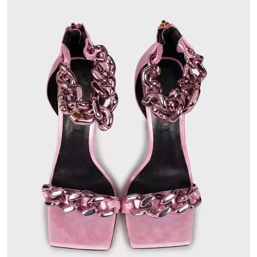 Versace Versace Pink Medusa Textile Heeled Sandals 38.5 pre-owned Pink Leather Good condition - Back View