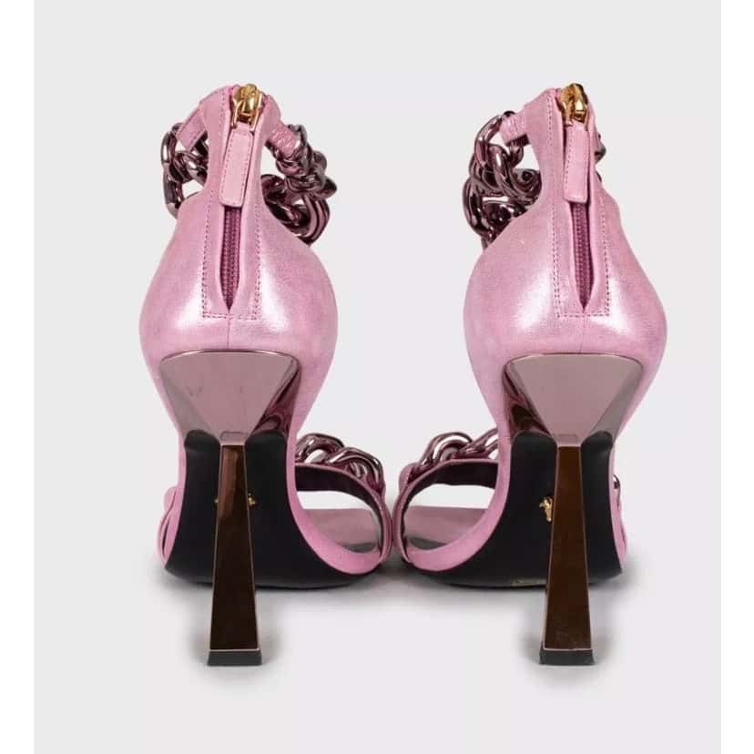 Versace Versace Pink Medusa Textile Heeled Sandals 38.5 pre-owned Pink Leather Good condition - Model View