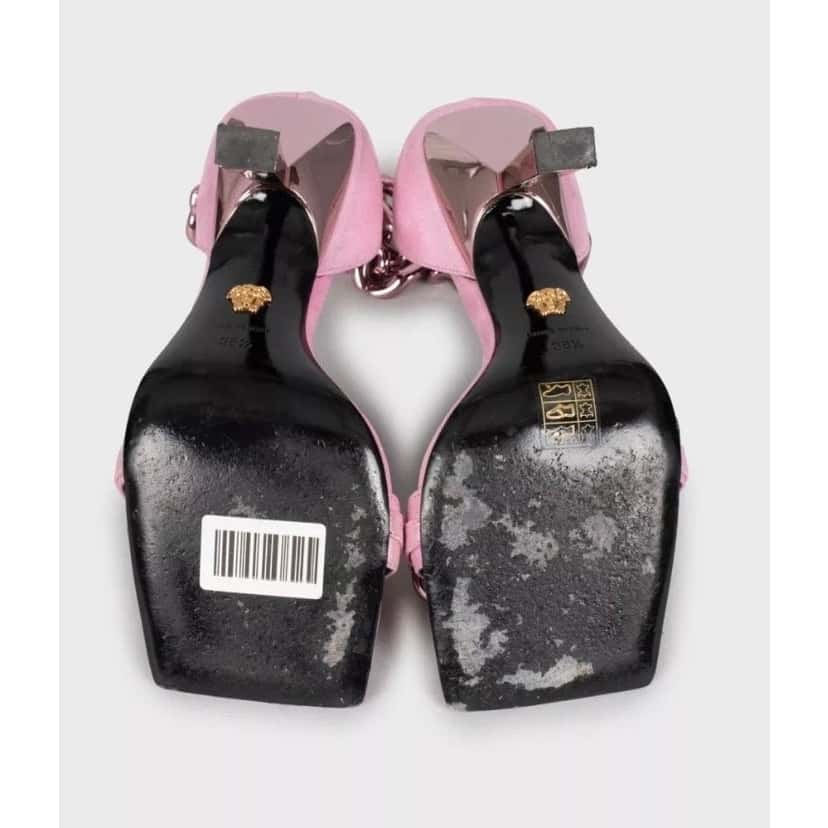 Versace Versace Pink Medusa Textile Heeled Sandals 38.5 pre-owned Pink Leather Good condition - Box View