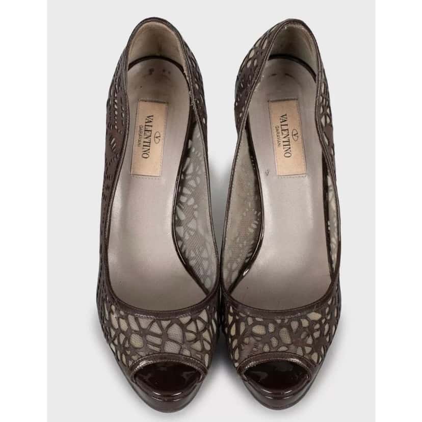 valentino Valentino Perforated Leather Open-Toe Pumps - Brown, Sz 36.5 pre-owned Brown Leather Good condition - Back View