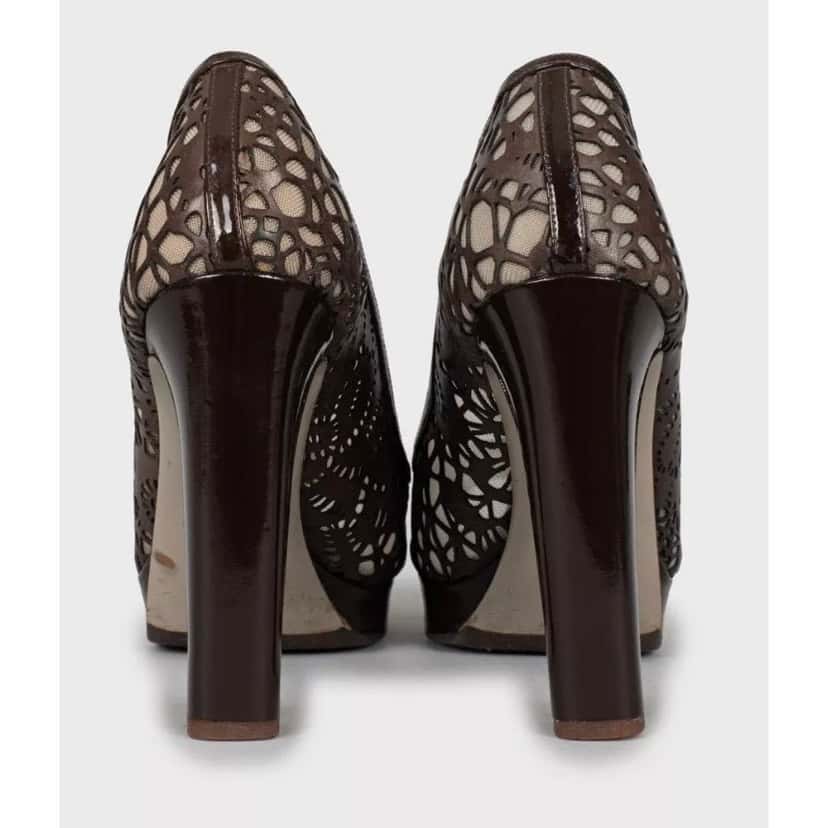 valentino Valentino Perforated Leather Open-Toe Pumps - Brown, Sz 36.5 pre-owned Brown Leather Good condition - Model View