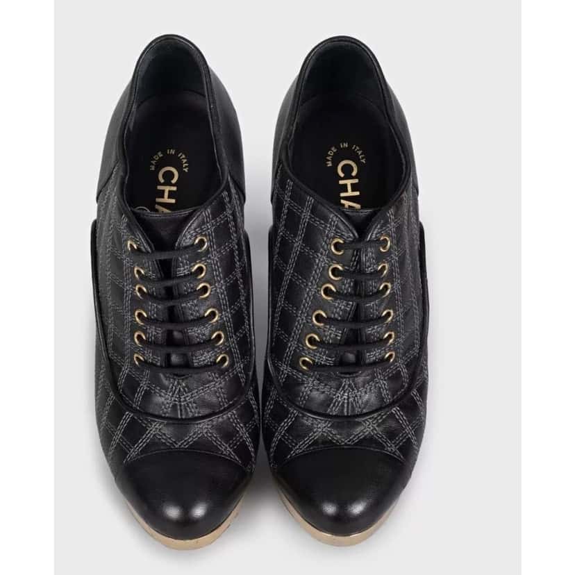 Chanel Chanel Black Leather Checkered Embroidery Ankle Boots Sz 37.5 pre-owned Black Leather Good condition - Back View