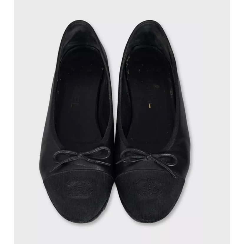 Chanel Chanel Black Leather  Textile Toe Ballet Flats Sz.37.5 pre-owned Black Leather Good condition - Back View
