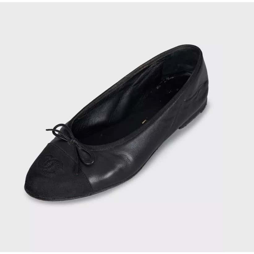 Chanel Chanel Black Leather  Textile Toe Ballet Flats Sz.37.5 pre-owned Black Leather Good condition - Inside View